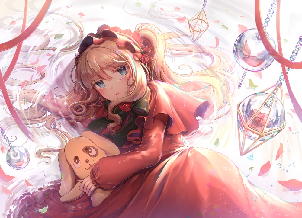 aqua_eyes, blonde_hair, dress, headdress, kunkun, lolita_fashion, long_hair, petals, rozen_maiden, shinku, tagme_(artist)