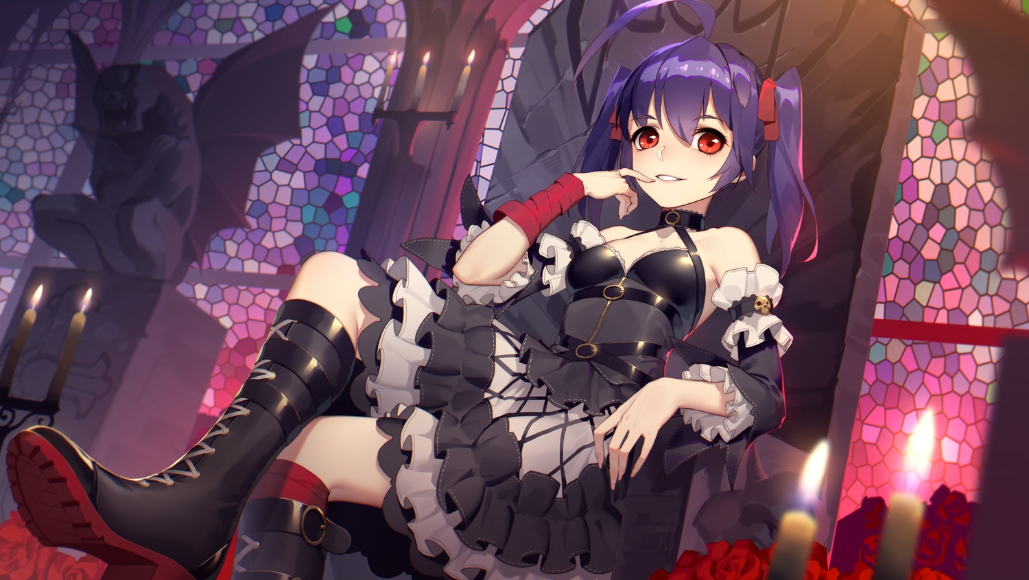 bandage, boots, daye_bie_qia_lian, flowers, goth-loli, lolita_fashion, long_hair, purple_hair