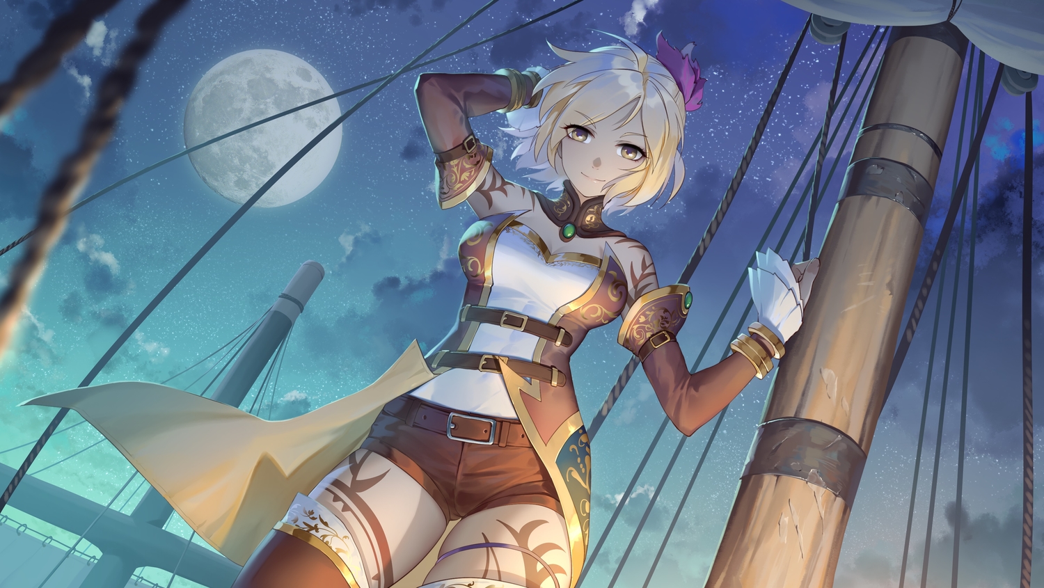 blonde_hair, boat, breasts, cleavage, clouds, daye_bie_qia_lian, garter, night