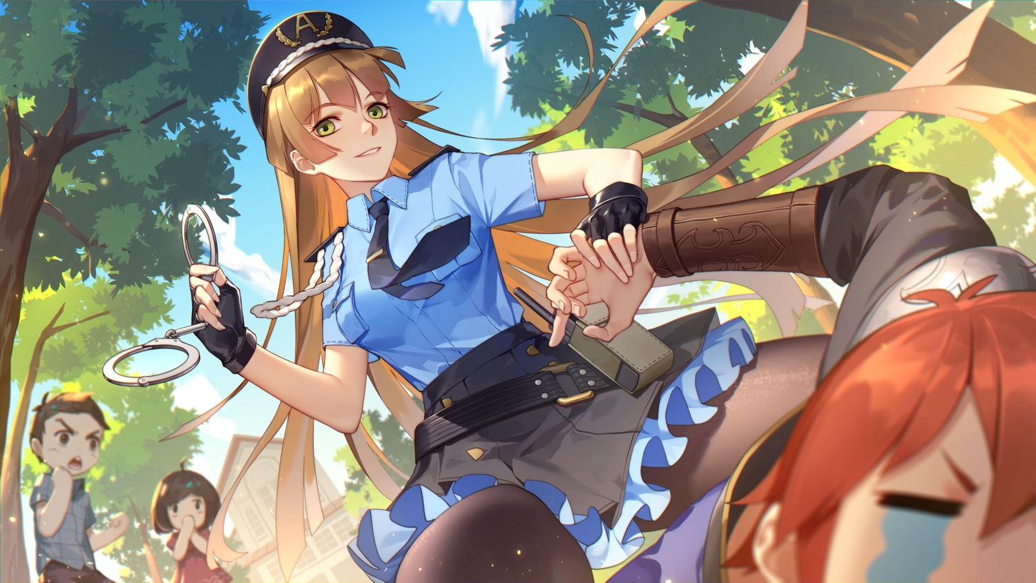 blonde_hair, crying, daye_bie_qia_lian, gloves, green_eyes, group, hat, loli