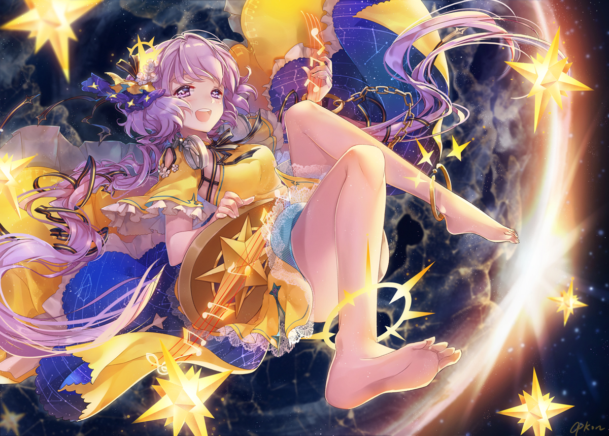 barefoot, chain, clouds, dress, guitar, instrument, long_hair, music