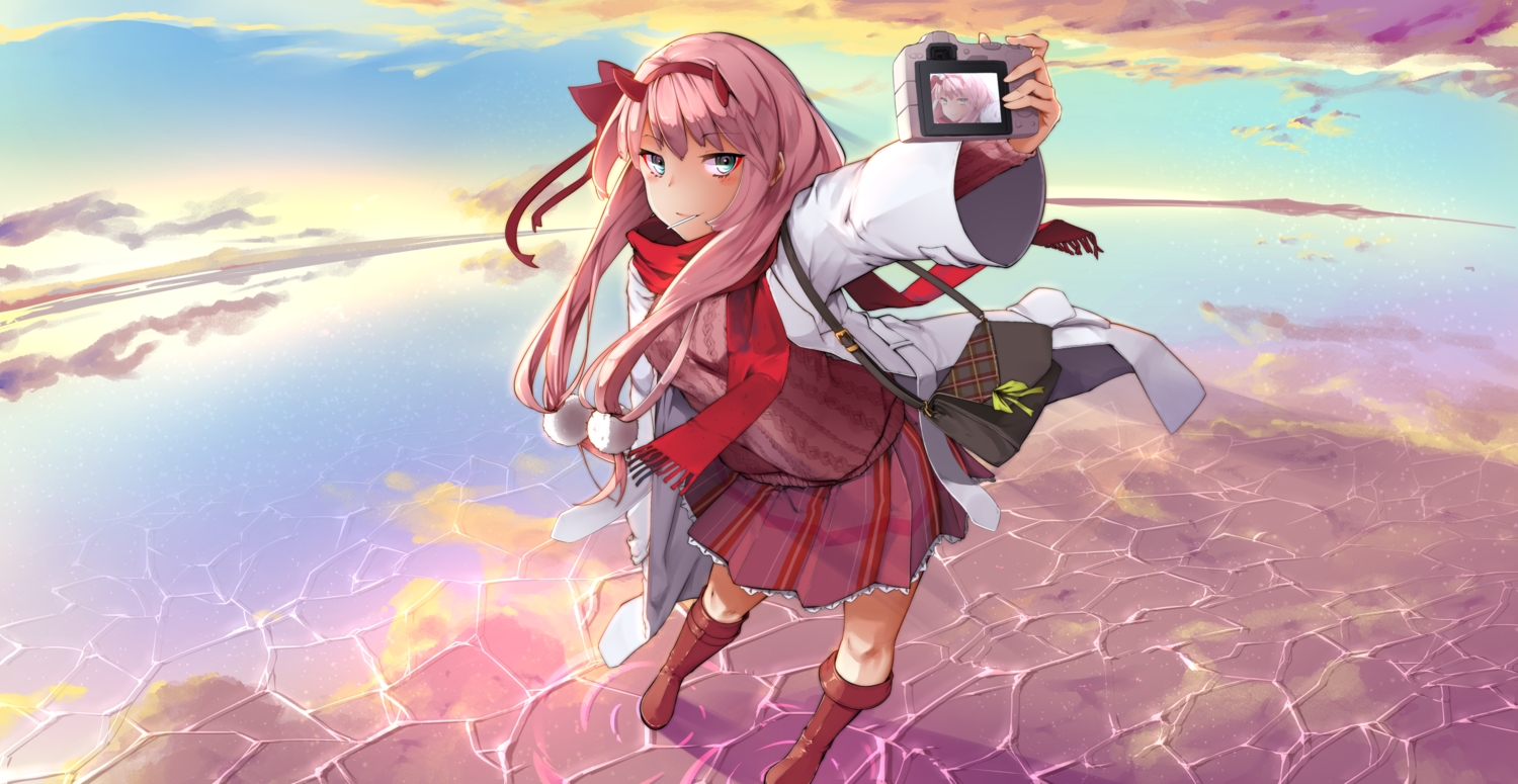 boots, camera, clouds, darling_in_the_franxx, green_eyes, horns, lavie, long_hair, pink_hair, scarf, skirt, sky, water, zero_two