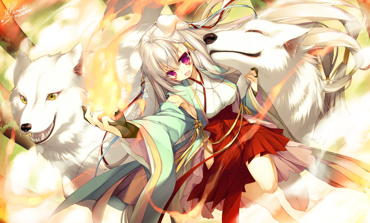 animal, animal_ears, breasts, dog, doggirl, fang, fire, japanese_clothes