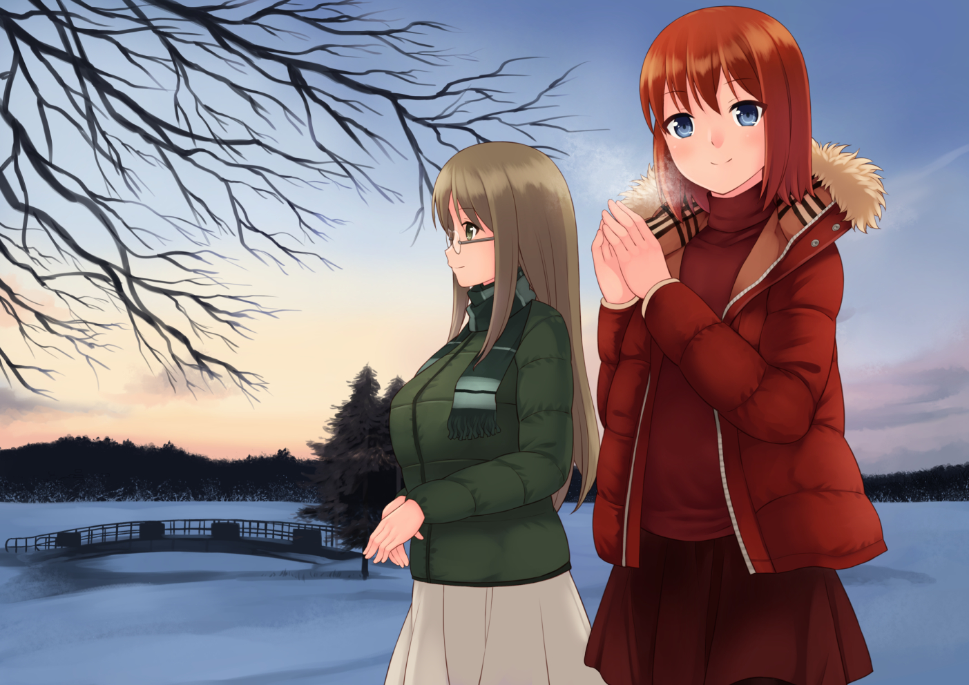 2girls, akatsuki_miho, akemiho_tabi_nikki, blue_eyes, brown_hair, glasses, green_eyes, kouno_hikaru