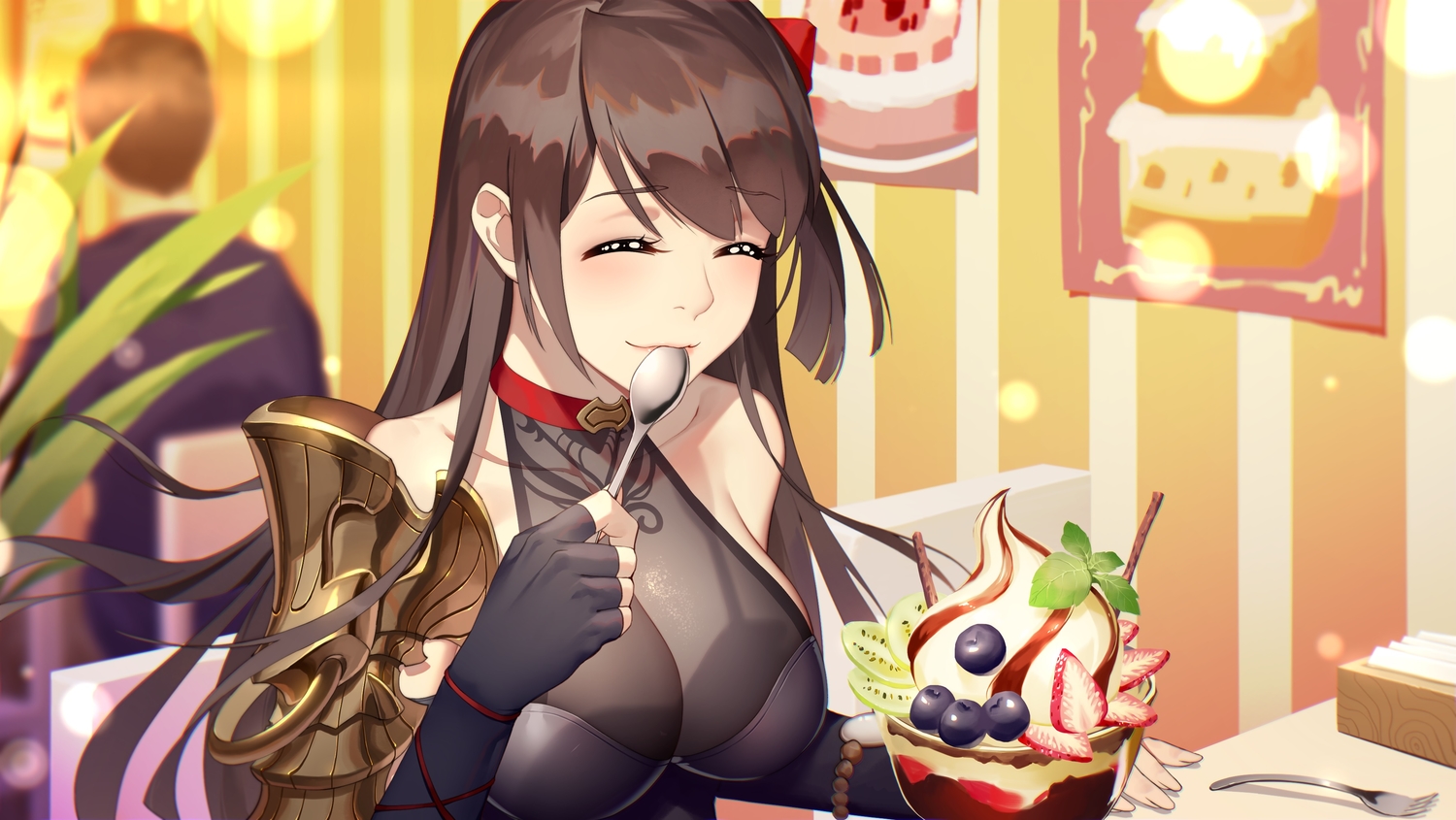 breasts, brown_hair, choker, daye_bie_qia_lian, food, fruit, gloves, long_hair