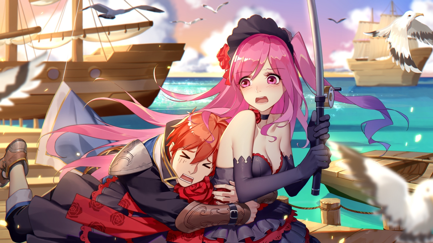 animal, bird, blush, boat, breasts, choker, cleavage, daye_bie_qia_lian