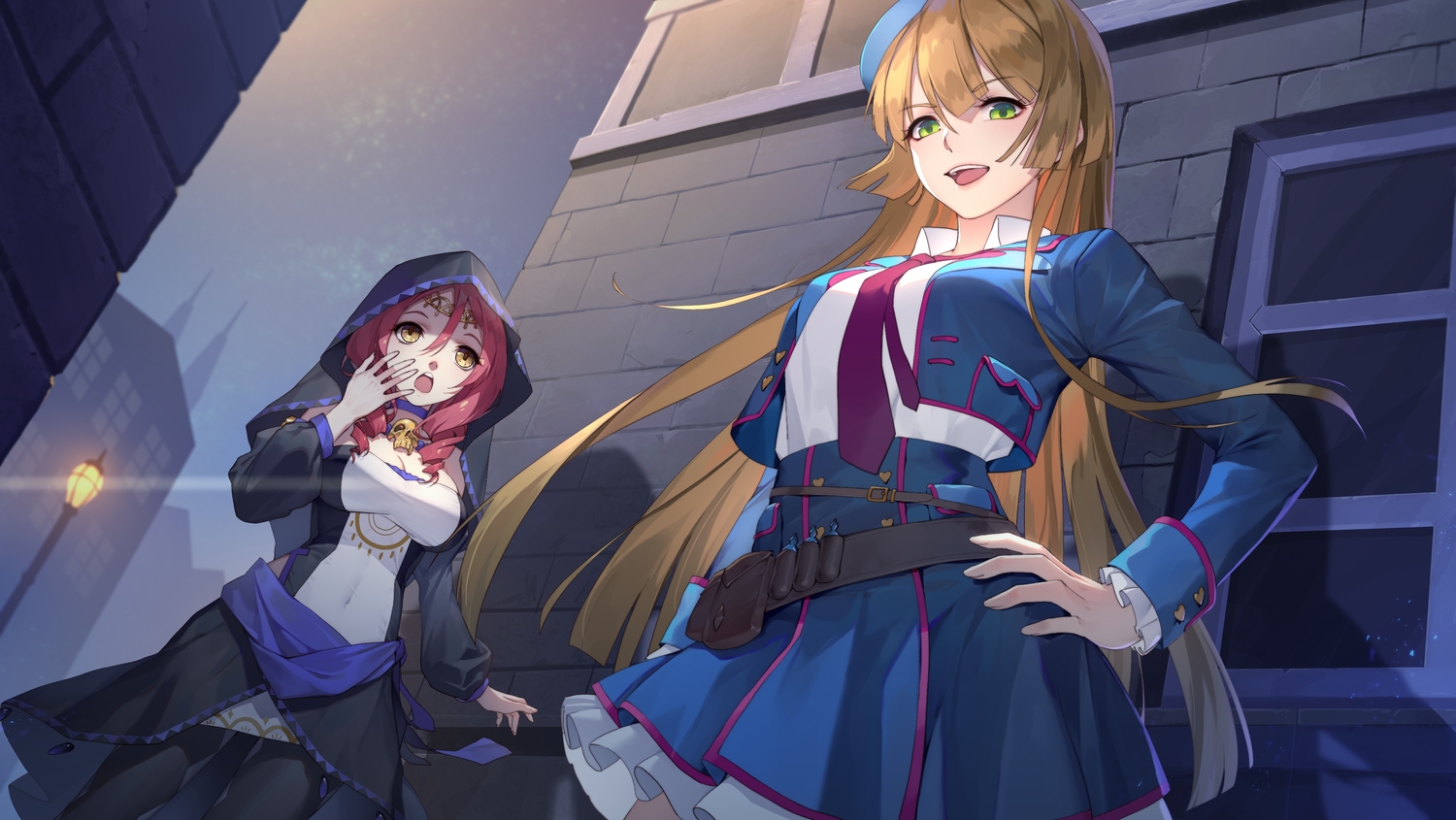2girls, blonde_hair, building, daye_bie_qia_lian, dress, green_eyes, long_hair, night