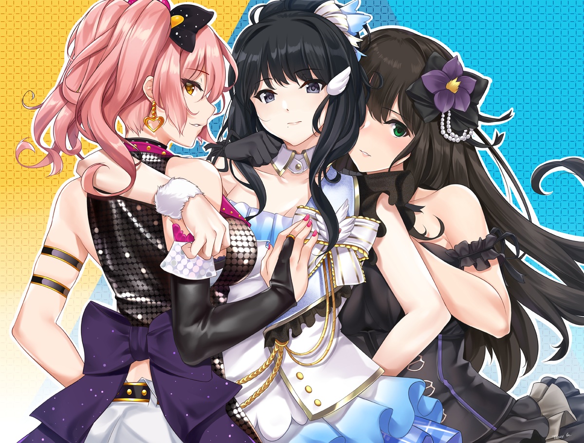 black_hair, breasts, brown_eyes, dress, flowers, green_eyes, idolmaster, idolmaster_cinderella_girls