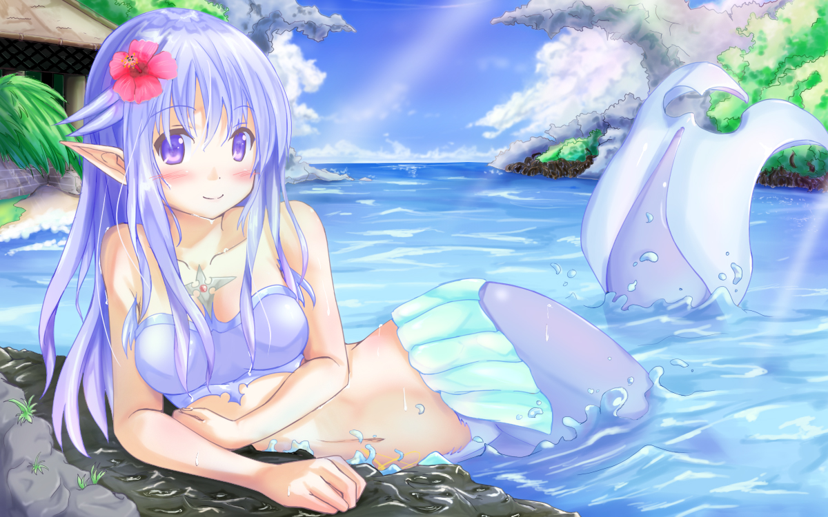 ayakase_hotaru, blue_hair, blush, breasts, building, cleavage, clouds, flowers