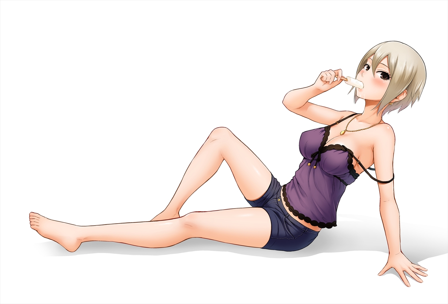 anastasia_(idolmaster), barefoot, blonde_hair, breasts, brown_eyes, cleavage, edogawa_roman, food, ice_cream, idolmaster, idolmaster_cinderella_girls, necklace, short_hair, shorts, white