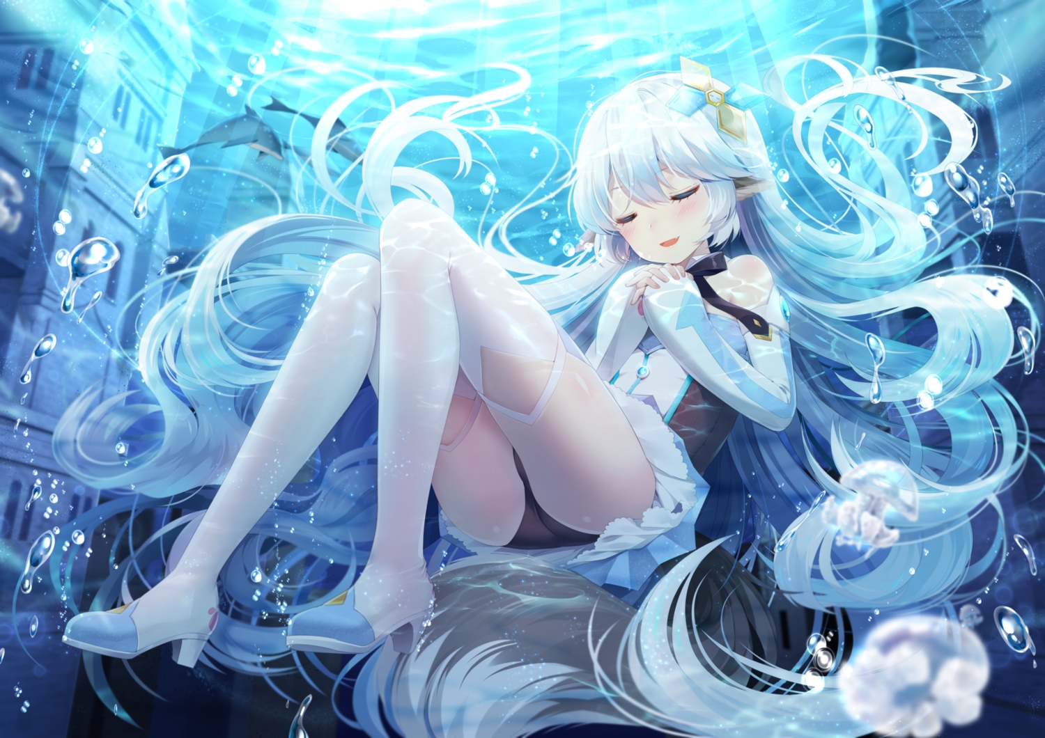 animal, blush, fish, long_hair, mimikko_ui, mvv, panties, thighhighs, underwater, underwear, water, white_hair