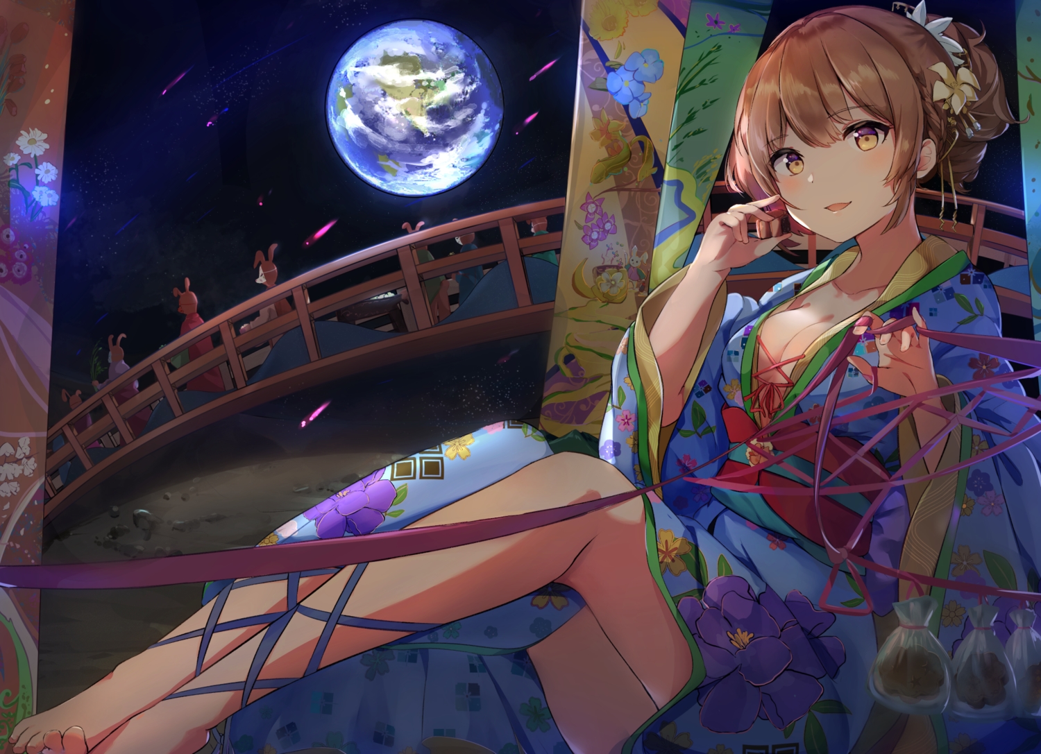 barefoot, breasts, brown_eyes, brown_hair, cleavage, earth, flowers, japanese_clothes