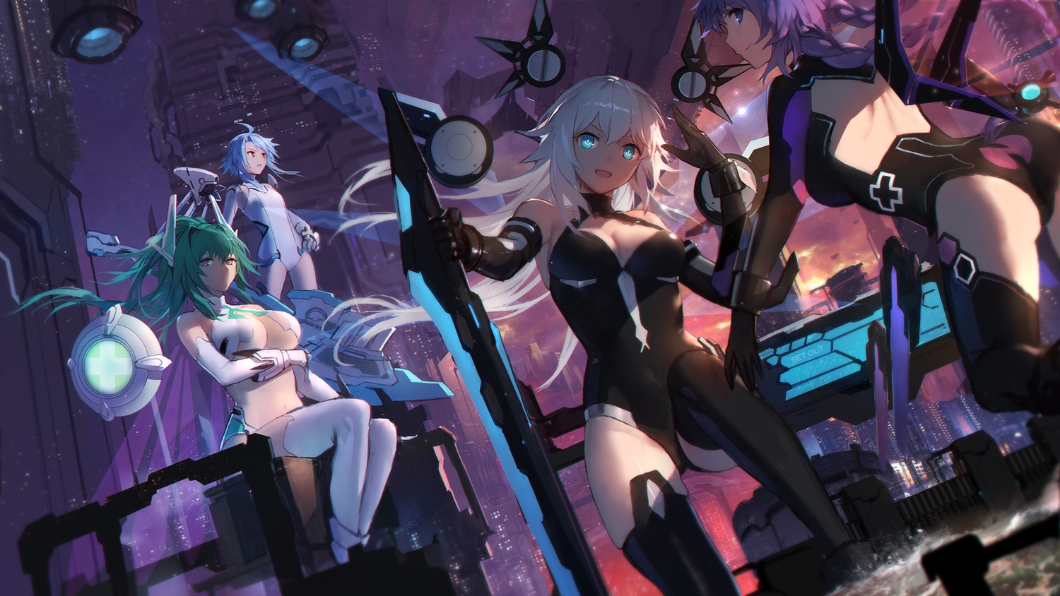 aqua_eyes, aqua_hair, black_heart, blanc, bodysuit, breast_hold, breasts, building