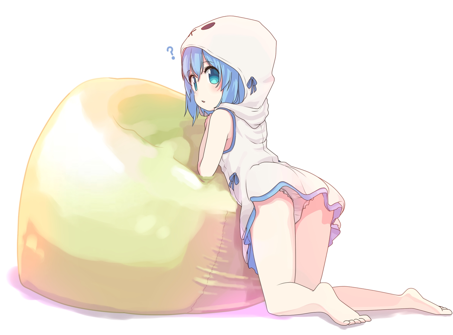 aoi_tori_(artist), aqua_eyes, ass, barefoot, blue_hair, dress, hood, loli, original, panties, ribbons, short_hair, teru-chan_(aoi_tori), underwear, white