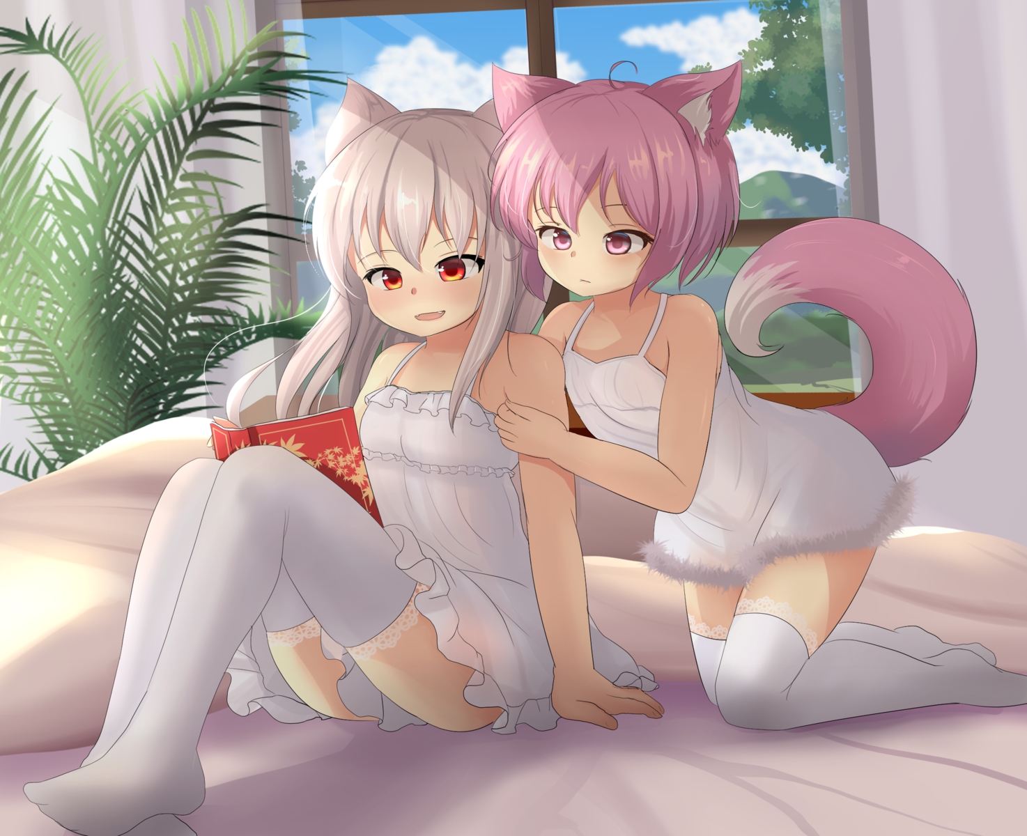 aliasing, animal_ears, bed, hotel01, original, tail, thighhighs, underwear
