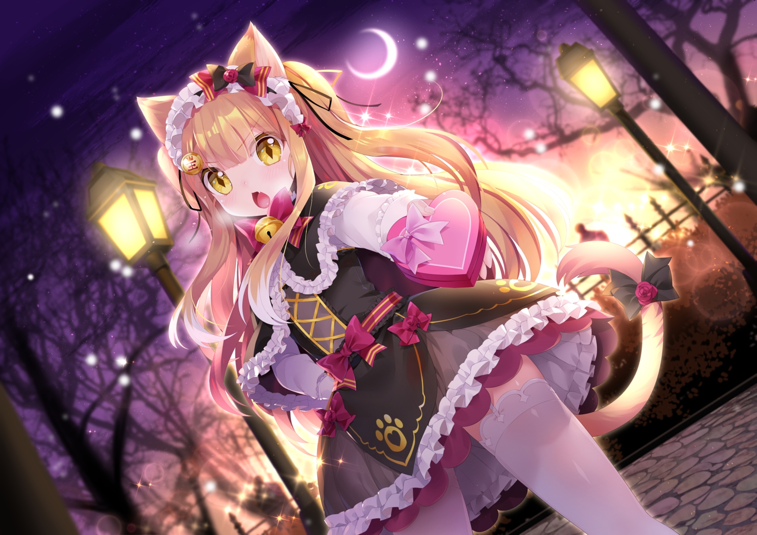 animal_ears, bell, blonde_hair, blush, bow, clouds, fang, garter_belt, goth-loli, headdress, loli, lolita_fashion, long_hair, mimikko_ui, moon, mvv, night, sky, stars, stockings, tail, thighhighs, tree, twintails, valentine, winter, yellow_eyes