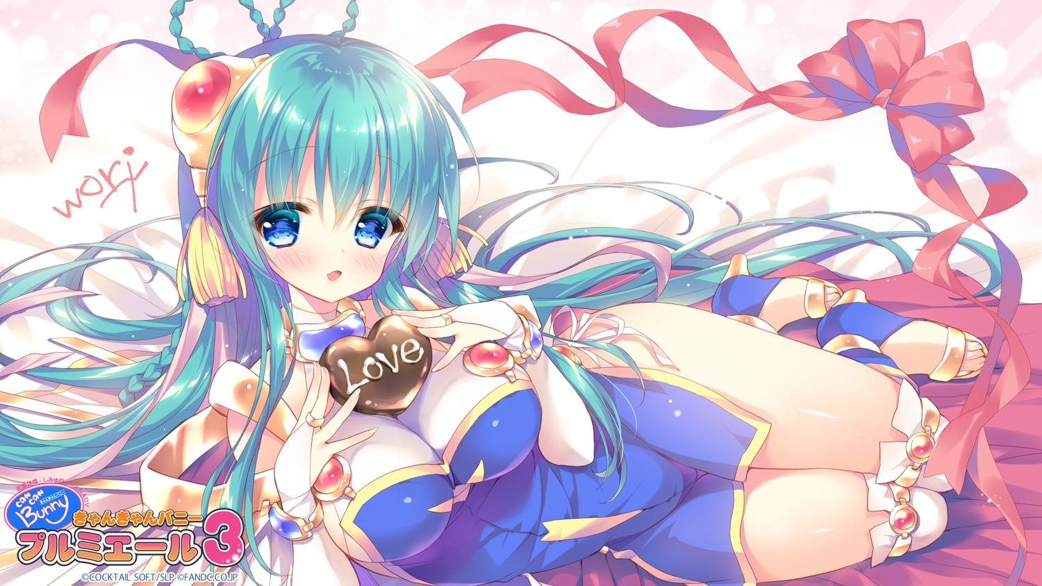 aqua_eyes, aqua_hair, bow, breasts, can_can_bunny_premiere_3, candy, chocolate, cleavage