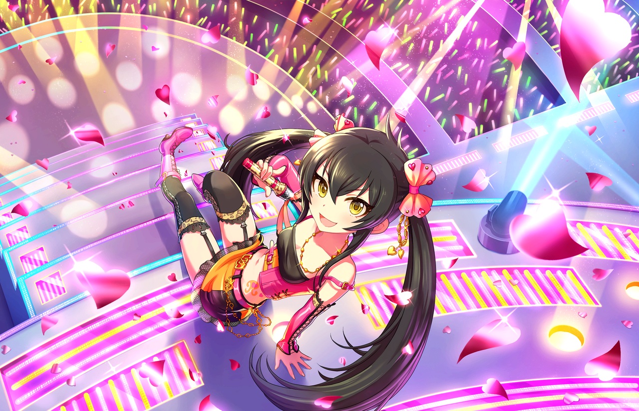 annin_doufu, black_hair, boots, bow, garter_belt, heart, idolmaster, idolmaster_cinderella_girls