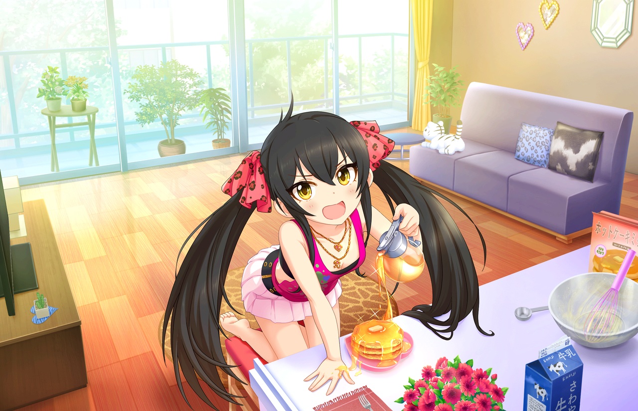 annin_doufu, barefoot, black_hair, couch, food, idolmaster, idolmaster_cinderella_girls, idolmaster_cinderella_girls_starlight_stage