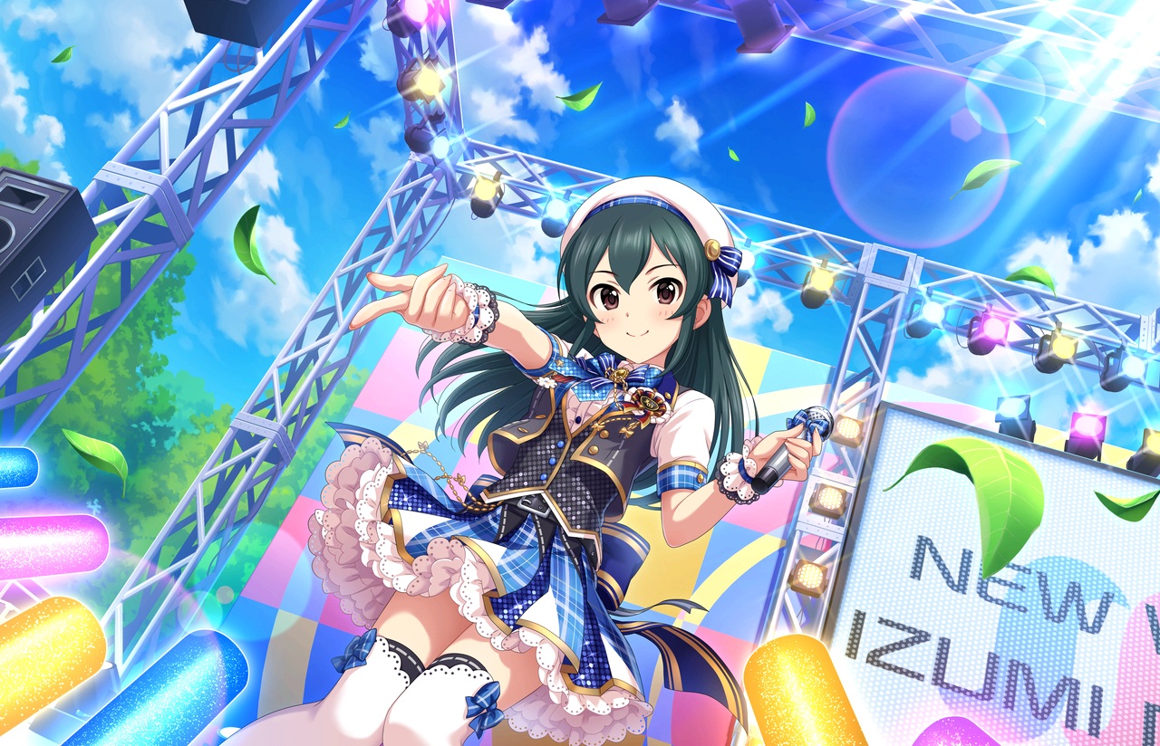 annin_doufu, bow, brown_eyes, clouds, green_hair, hat, idolmaster, idolmaster_cinderella_girls