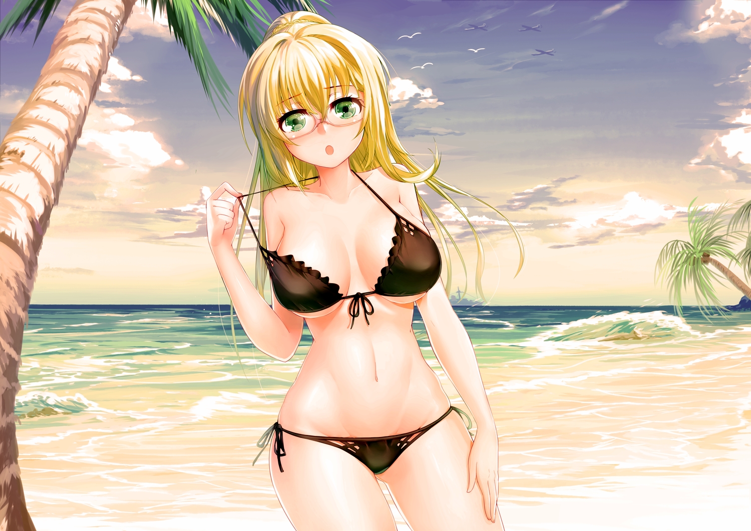 animal, anthropomorphism, beach, bikini, bird, blonde_hair, braids, breasts, cleavage, clouds, glasses, green_eyes, hood_(zhanjian_shaonu), long_hair, navel, onceskylark, ponytail, ribbons, sky, swimsuit, tree, water, zhanjian_shaonu