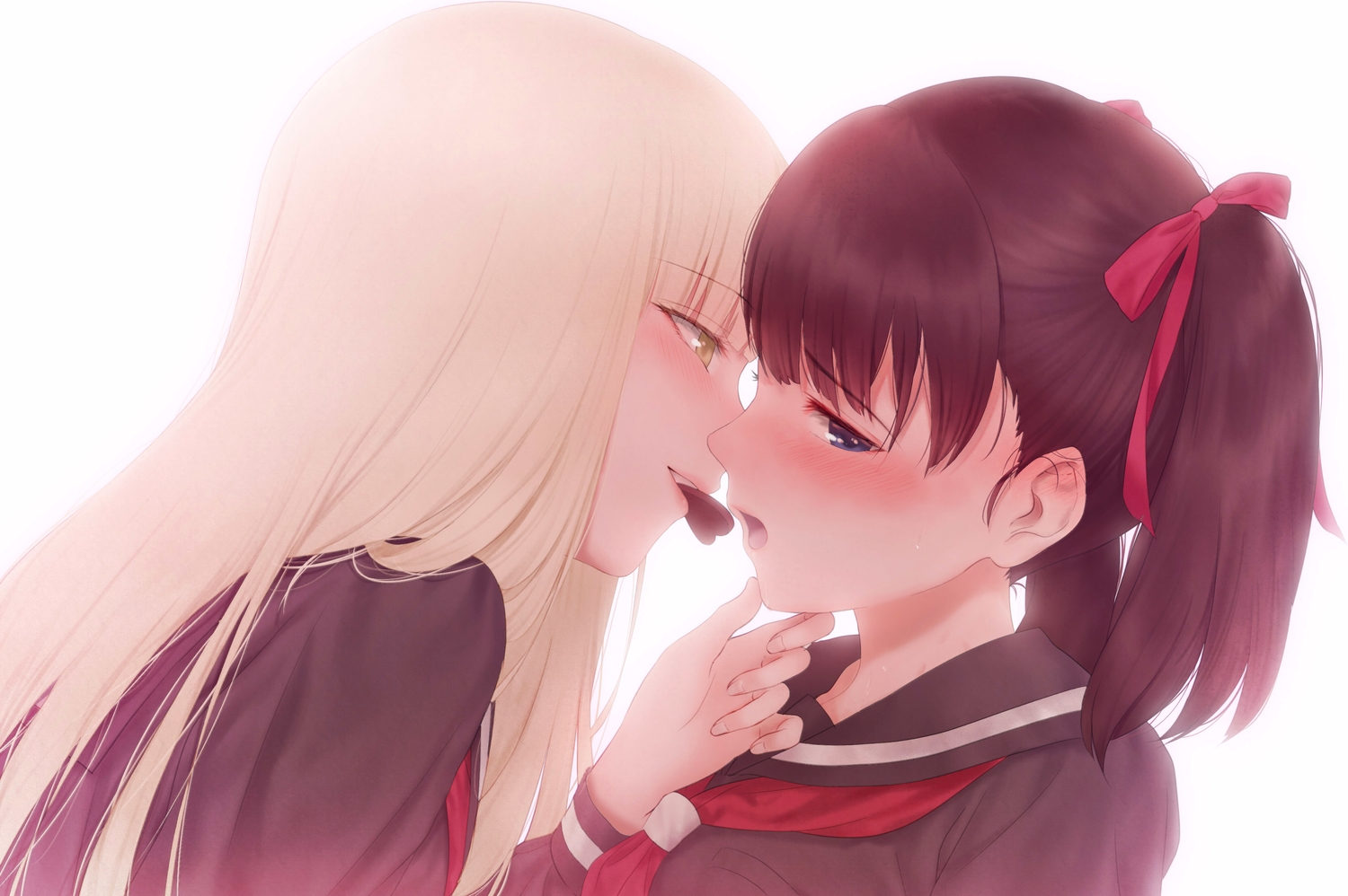 2girls, asaba0327, blonde_hair, blue_eyes, blush, brown_hair, candy, chocolate