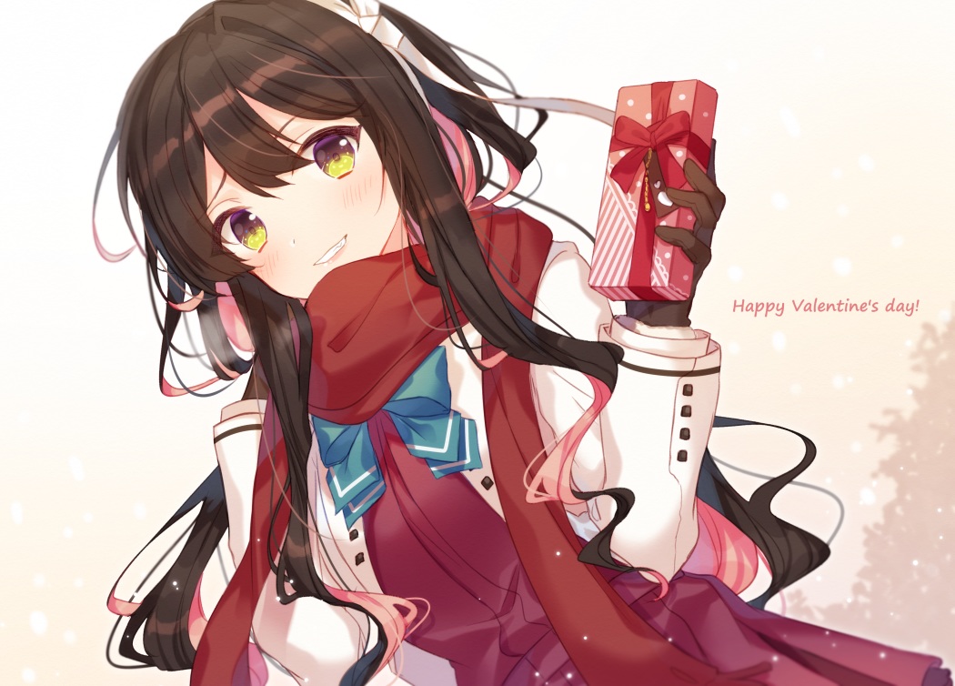 anthropomorphism, blush, bow, brown_hair, gloves, gradient, hiiragi_souren, kantai_collection