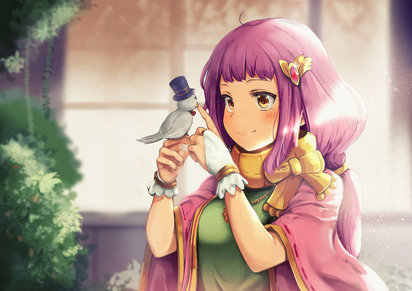 animal, bird, blush, brown_eyes, dargo, gloves, long_hair, necklace, purple_hair, seiken_manifestia, tagme_(character), wristwear