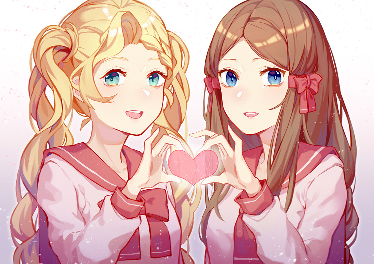 2girls, aqua_eyes, blonde_hair, blue_eyes, brown_hair, close, heart, jpeg_artifacts