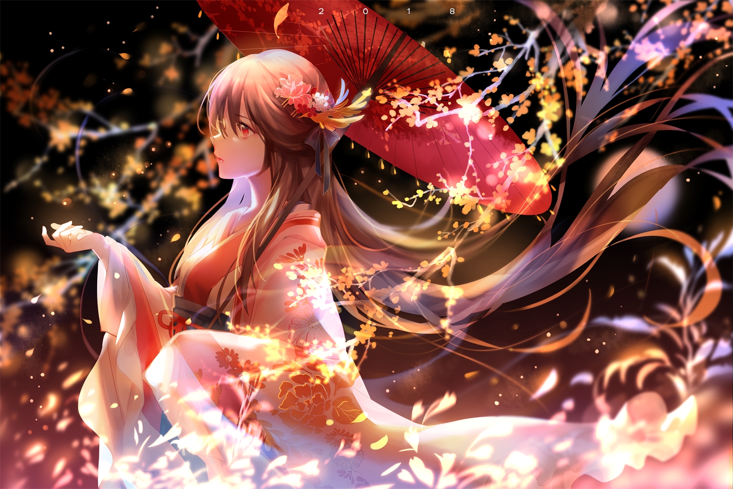 brown_hair, japanese_clothes, long_hair, red_eyes, tagme_(artist), umbrella, vocaloid, vsinger