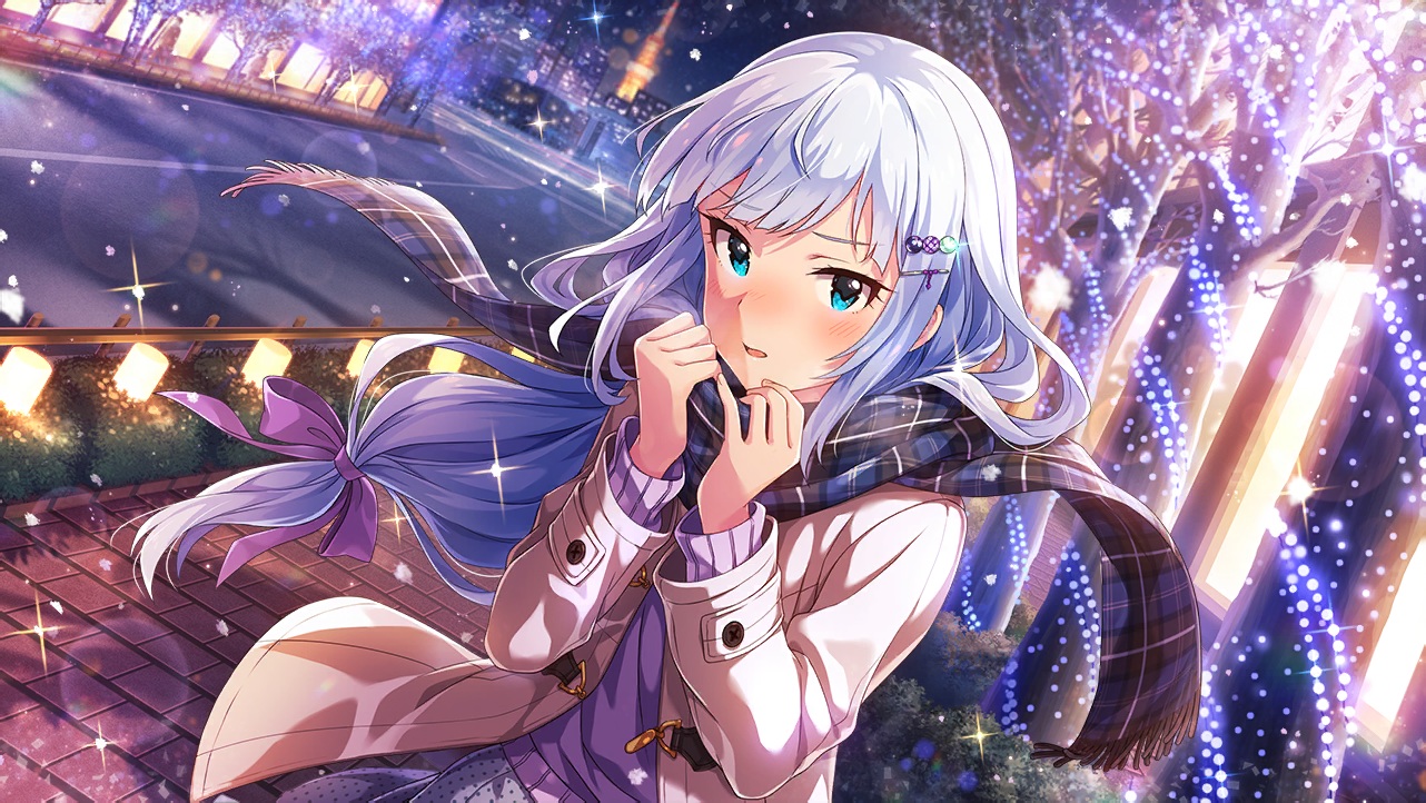 aqua_eyes, building, city, idolmaster, idolmaster_million_live!, long_hair, scarf, shiraishi_tsumugi, tagme_(artist), white_hair