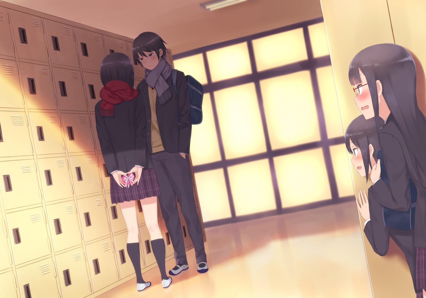 blue_eyes, blush, glasses, group, kneehighs, kyak_bamboo, long_hair, male
