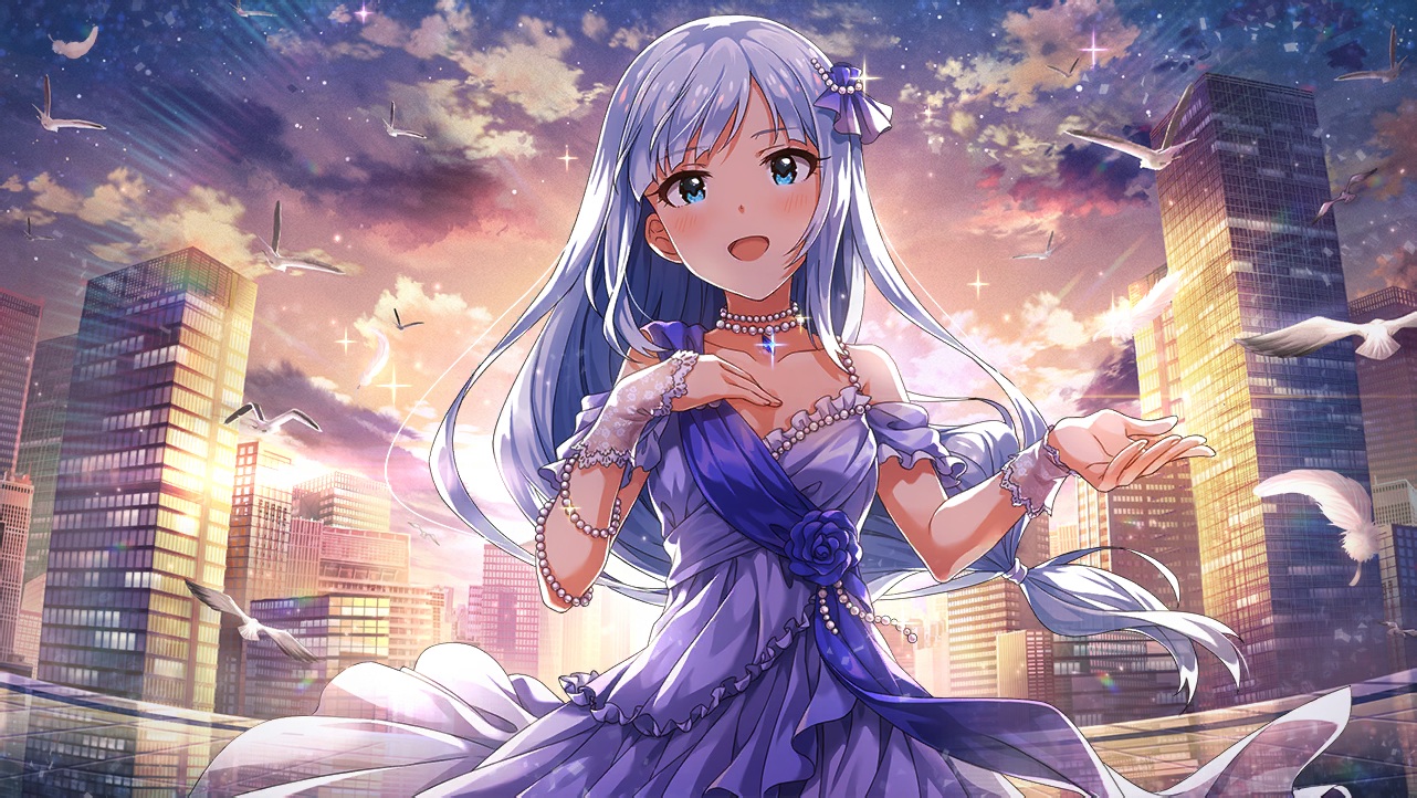 animal, aqua_eyes, bird, building, city, clouds, dress, flowers