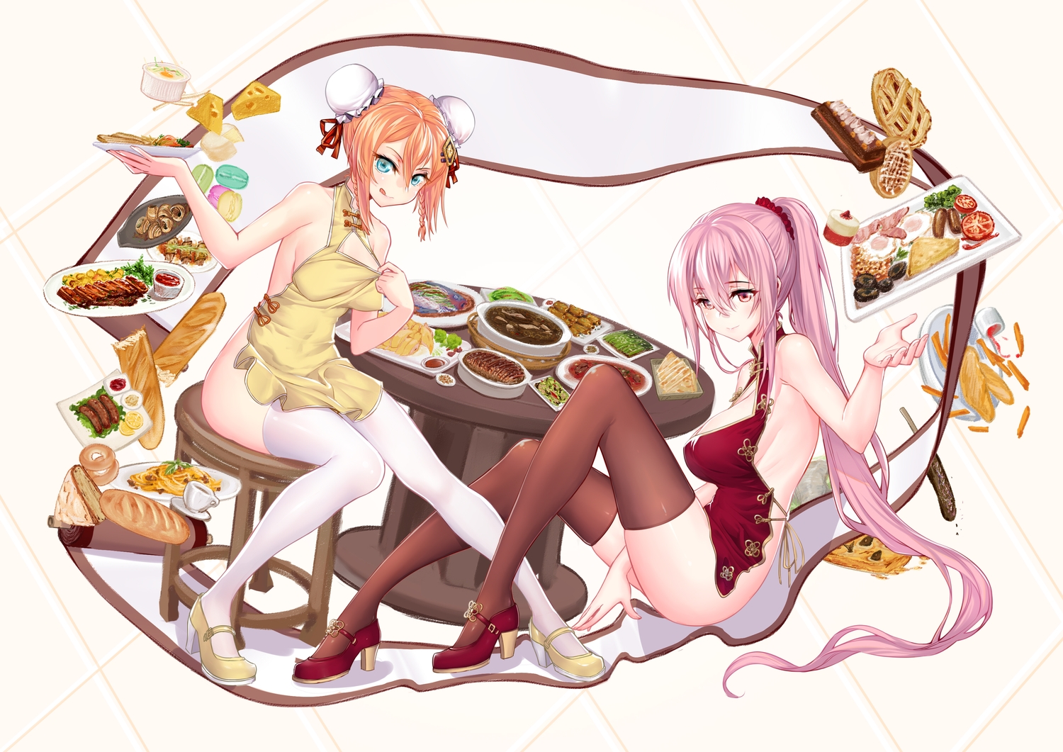 2girls, aqua_eyes, battleship_girls, breasts, chinese_clothes, chinese_dress, cleavage, dress