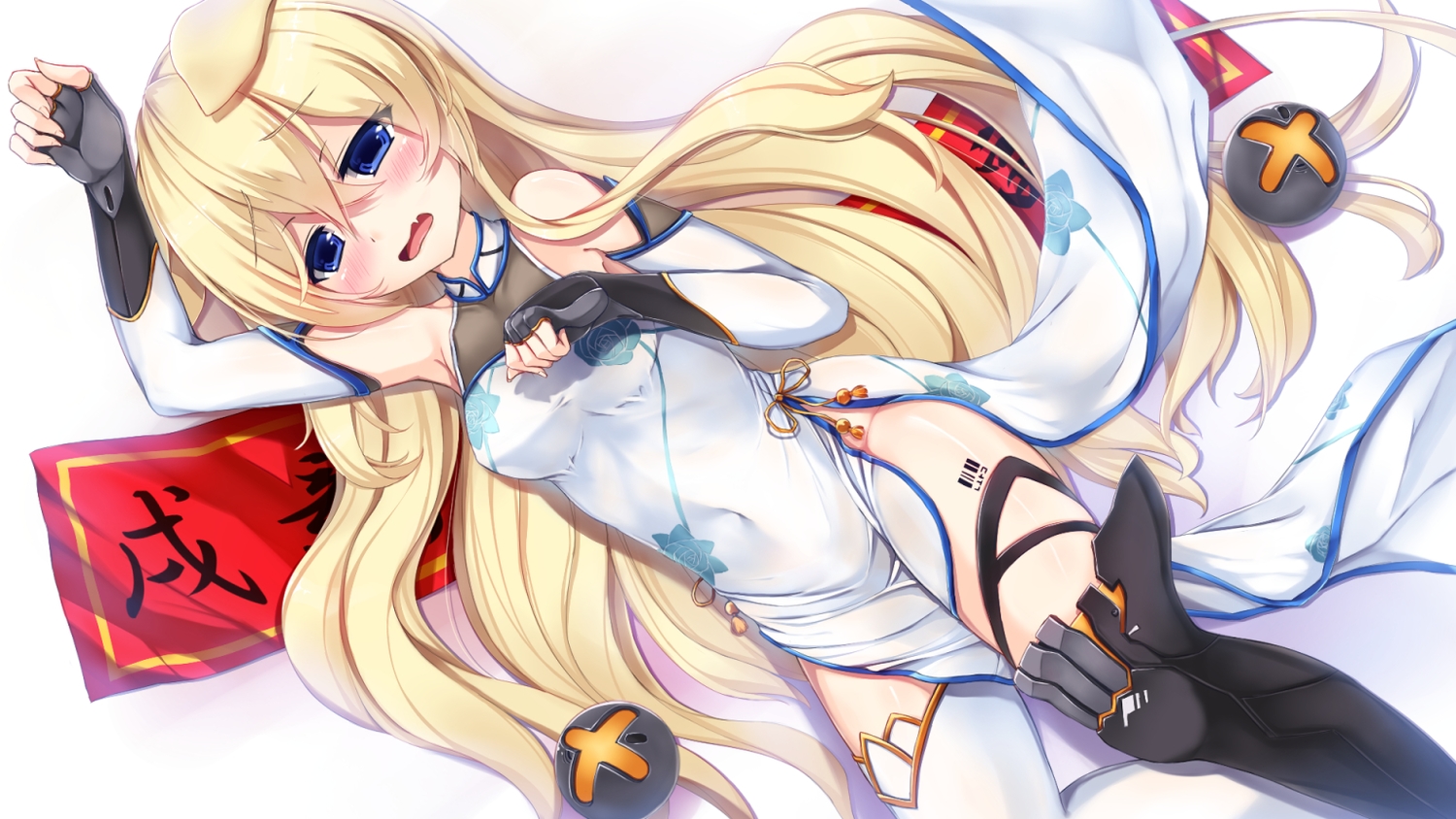 animal_ears, anthropomorphism, blonde_hair, blue_eyes, blush, chinese_clothes, chinese_dress, doggirl