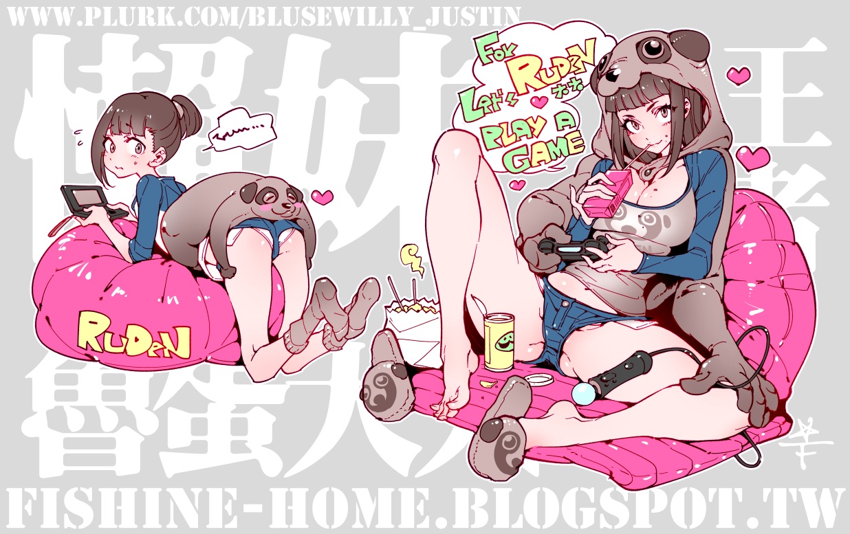ass, barefoot, breasts, brown_hair, cleavage, drink, fishine, game_console, hood, lanmei, long_hair, navel, original, panties, ponytail, short_hair, shorts, socks, spread_legs, underwear, watermark