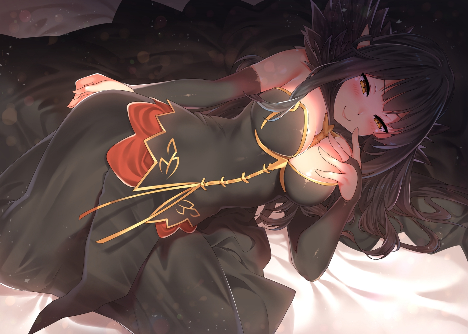 black_hair, blush, breasts, cleavage, dress, elbow_gloves, fate/grand_order, fate_(series)