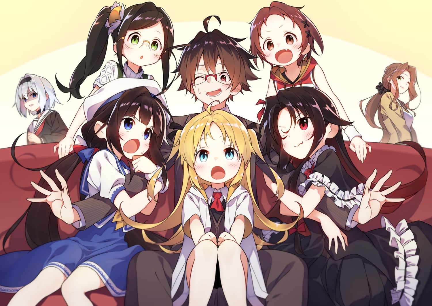 aqua_eyes, blonde_hair, blue_eyes, blush, brown_eyes, brown_hair, charlotte_izoard, couch