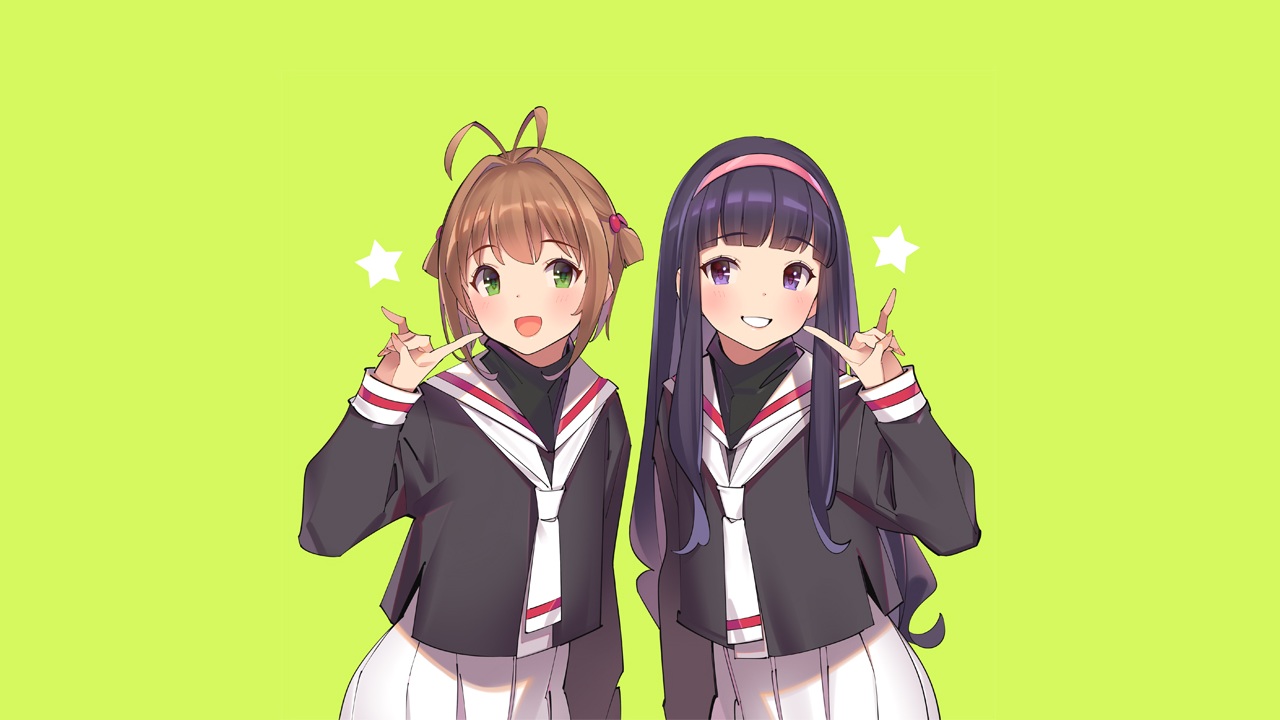 2girls, black_hair, brown_hair, card_captor_sakura, daidouji_tomoyo, green, green_eyes, headband