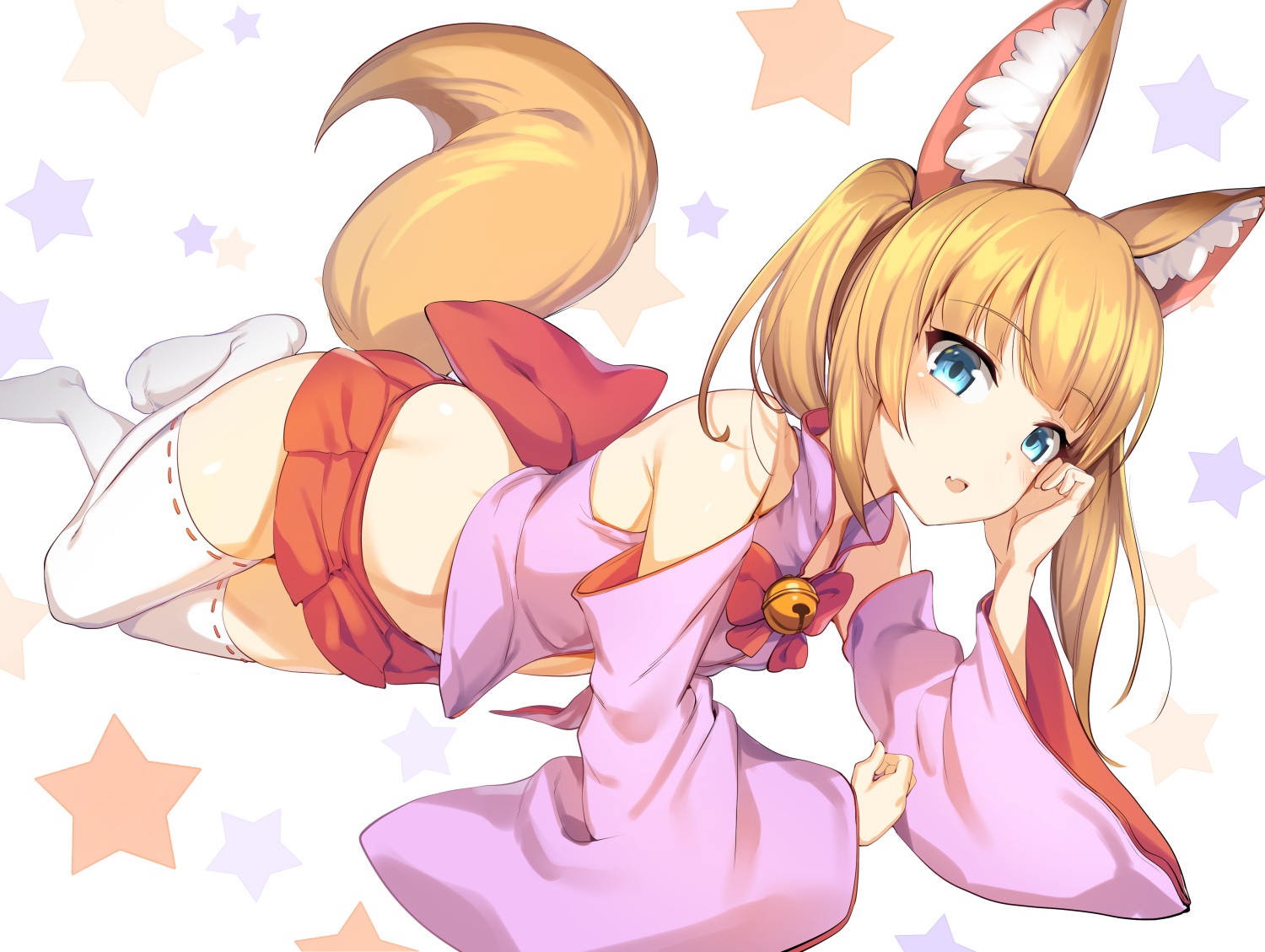 animal_ears, aqua_eyes, bell, bow, fang, foxgirl, ikomochi, japanese_clothes, kemomimi_oukoku_kokuei_housou, long_hair, miko, mikoko_(kemomimi_oukoku_kokuei_housou), orange_hair, skirt, tail, thighhighs, twintails, zettai_ryouiki