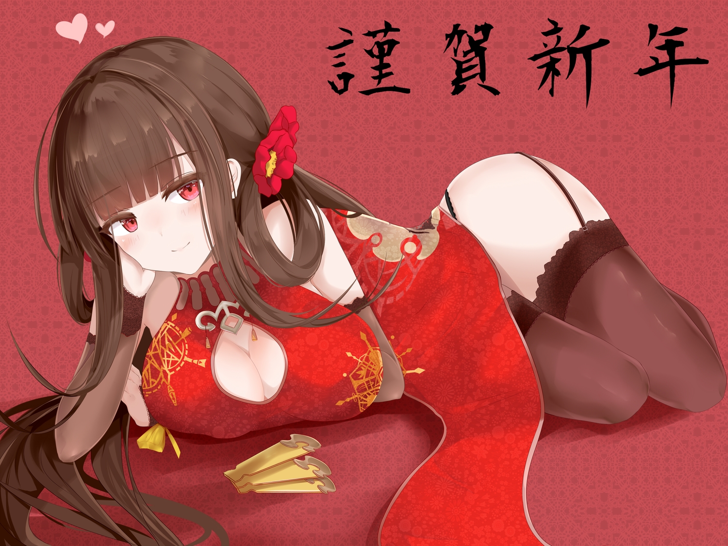 anthropomorphism, breasts, brown_hair, chinese_clothes, chinese_dress, cleavage, dress, dsr-50_(girls_frontline)