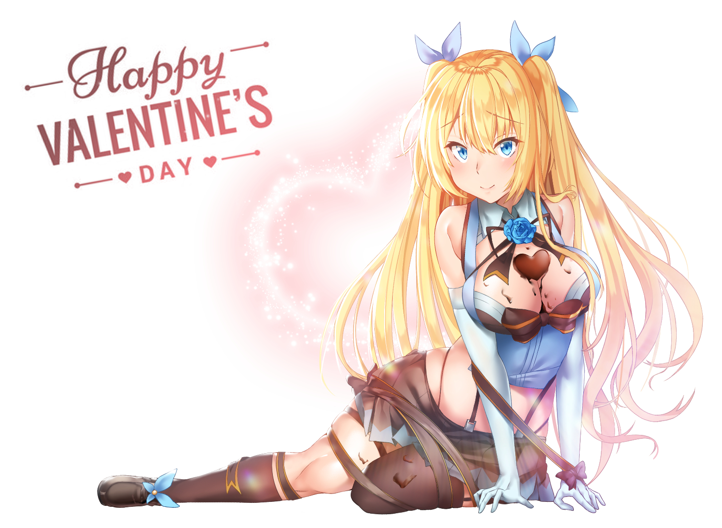 aliasing, aqua_eyes, blonde_hair, bow, breasts, candy, chocolate, cleavage, elbow_gloves, garter_belt, gloves, kneehighs, long_hair, maze_yuri, mirai_akari, mirai_akari_project, ribbons, skirt, stockings, thighhighs, twintails, valentine, white