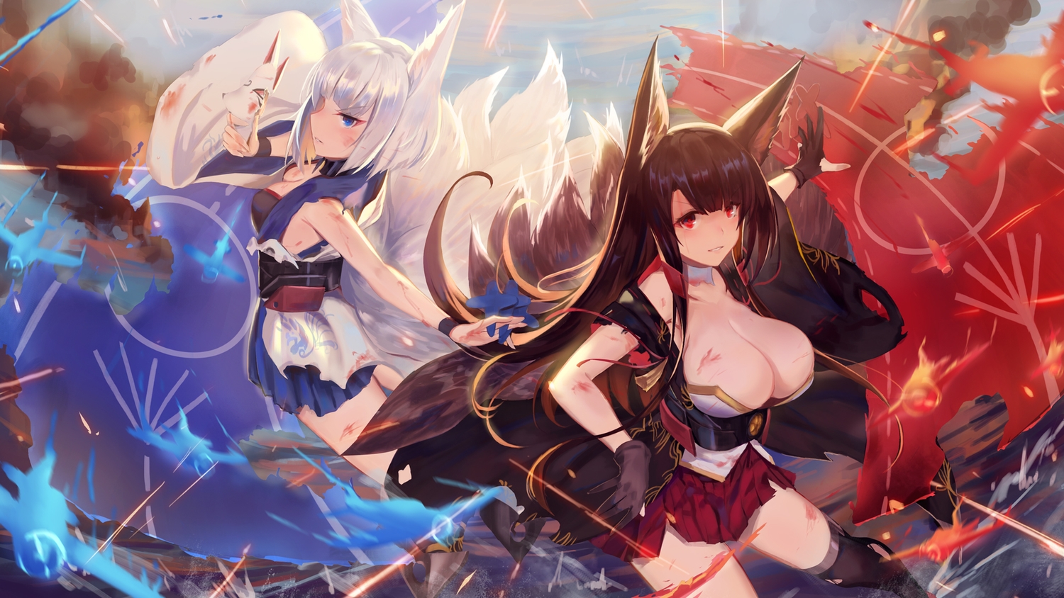 2girls, akagi_(azur_lane), animal_ears, anthropomorphism, aqua_eyes, azur_lane, breasts, brown_hair, cleavage, foxgirl, gloves, kaga_(azur_lane), kakumayu, long_hair, mask, multiple_tails, red_eyes, skirt, tail, thighhighs, torn_clothes, white_hair
