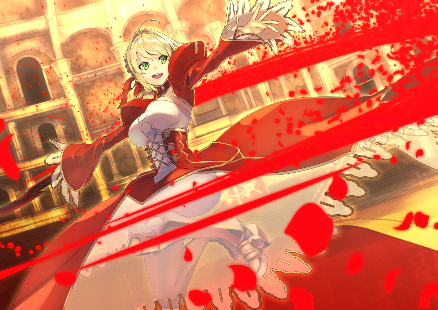 akamiso_(k074510), armor, blonde_hair, dress, fate/extra, fate_(series), green_eyes, nero_claudius_(fate), see_through, sword, weapon
