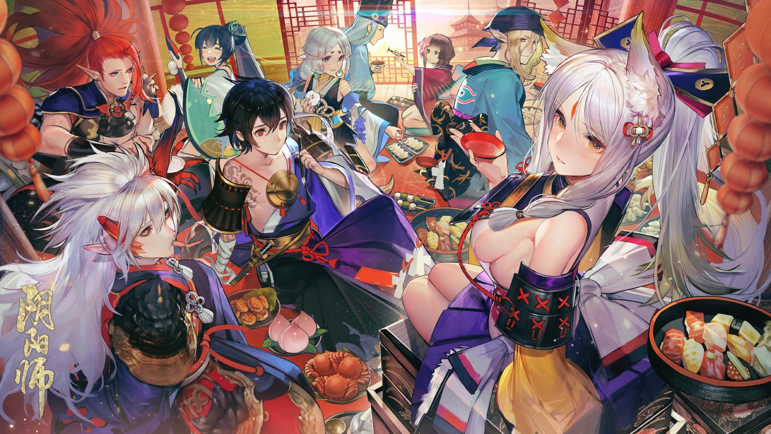 abe_no_seimei_(onmyouji), animal_ears, armor, black_hair, blonde_hair, blue_eyes, breasts, brown_eyes