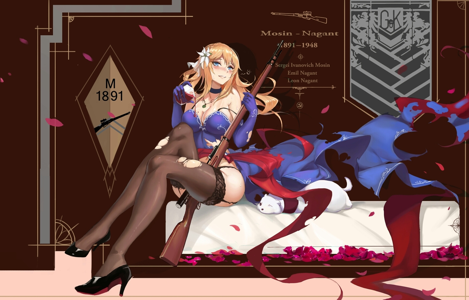 animal, anthropomorphism, blonde_hair, blue_eyes, blush, breasts, carcano_m1891_(girls_frontline), cleavage, drink, elbow_gloves, flowers, girls_frontline, gloves, guernica, gun, long_hair, navel, necklace, stockings, torn_clothes, weapon