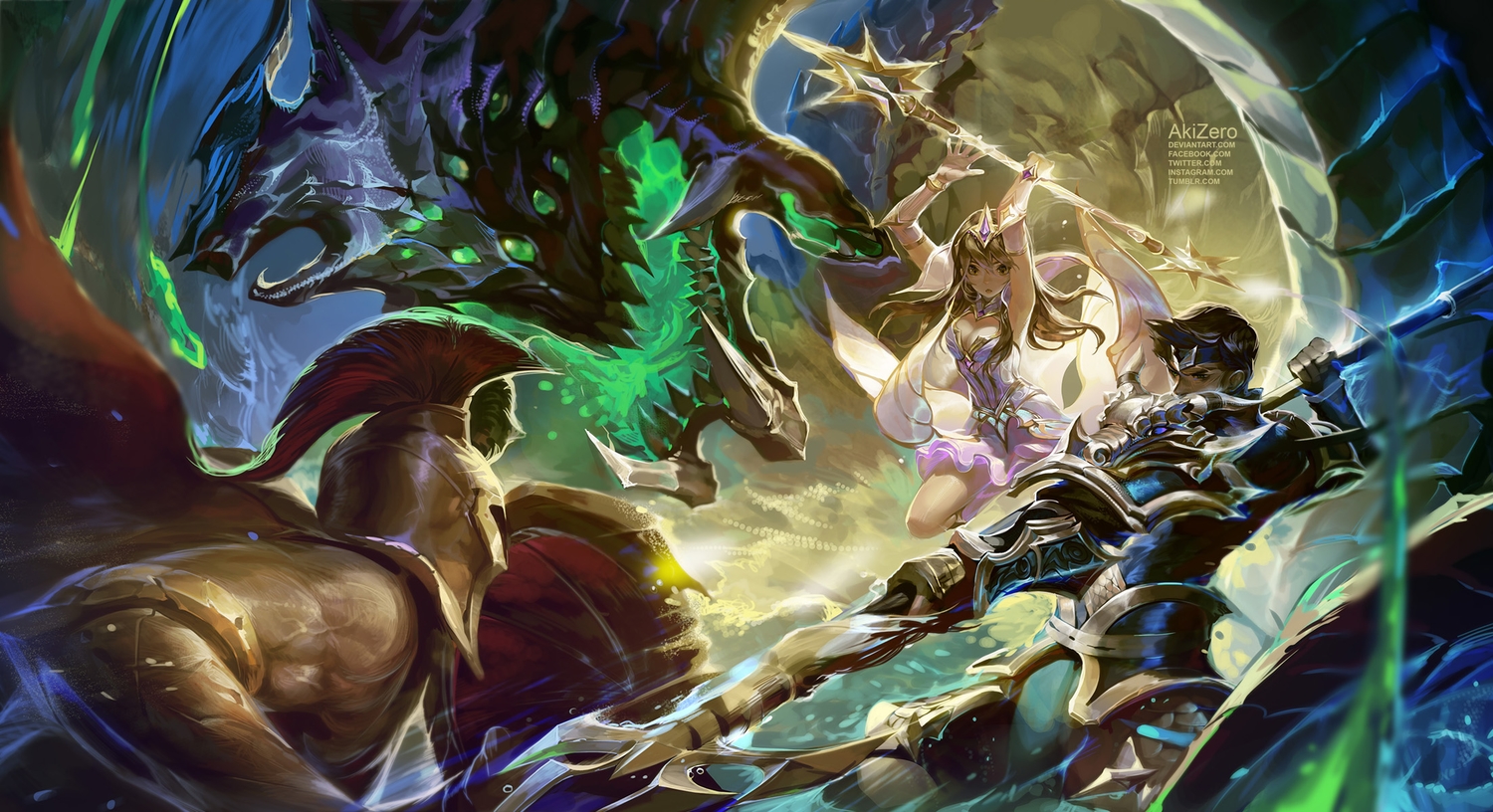akizero1510, jarvan_iv_(league_of_legends), league_of_legends, luxanna_crownguard, male, pantheon, watermark