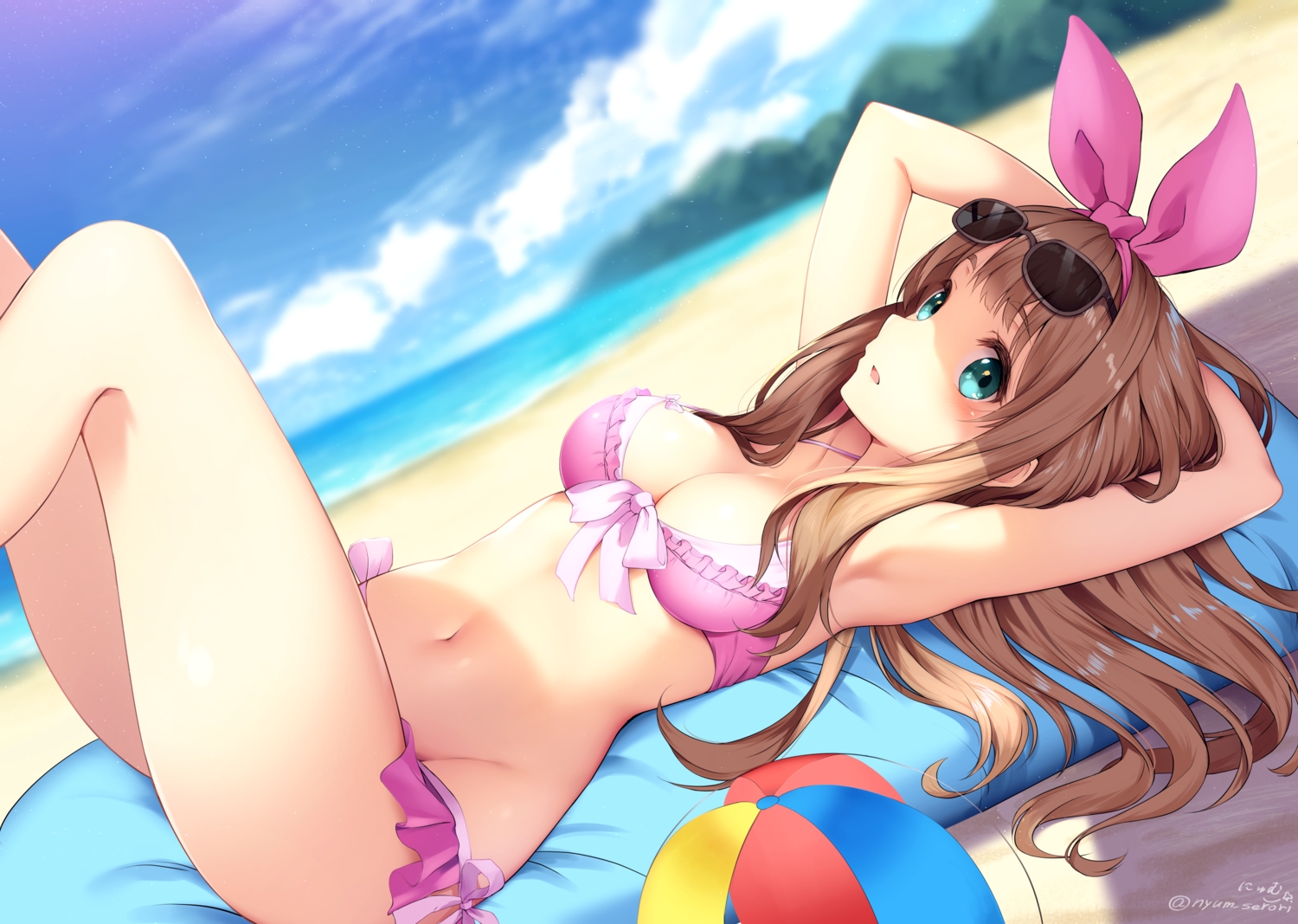 aqua_eyes, ball, beach, breasts, brown_hair, cleavage, clouds, hibike!_euphonium, long_hair, navel, nyum, signed, sky, sunglasses, water, yoshikawa_yuuko
