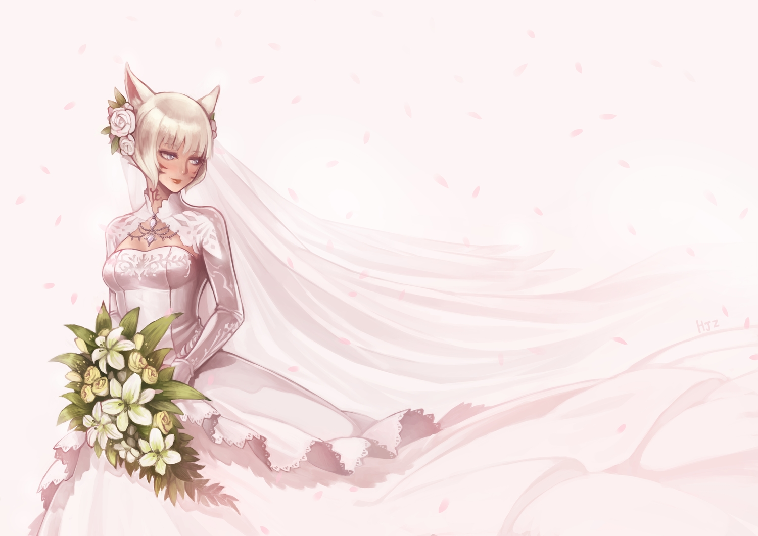 animal_ears, catgirl, final_fantasy, final_fantasy_xiv, flowers, gloves, gray_eyes, haimerejzero