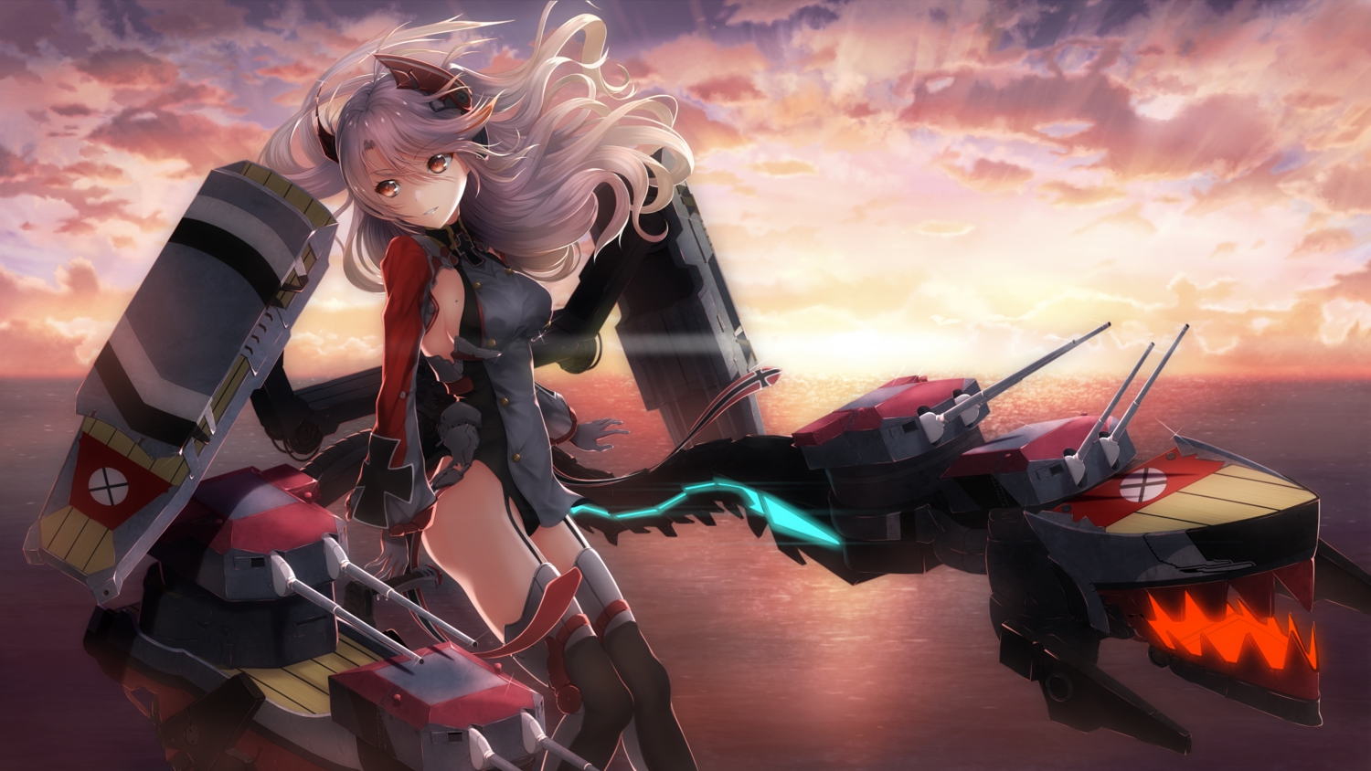 anthropomorphism, azur_lane, breasts, brown_eyes, clouds, garter_belt, gloves, hajikaji